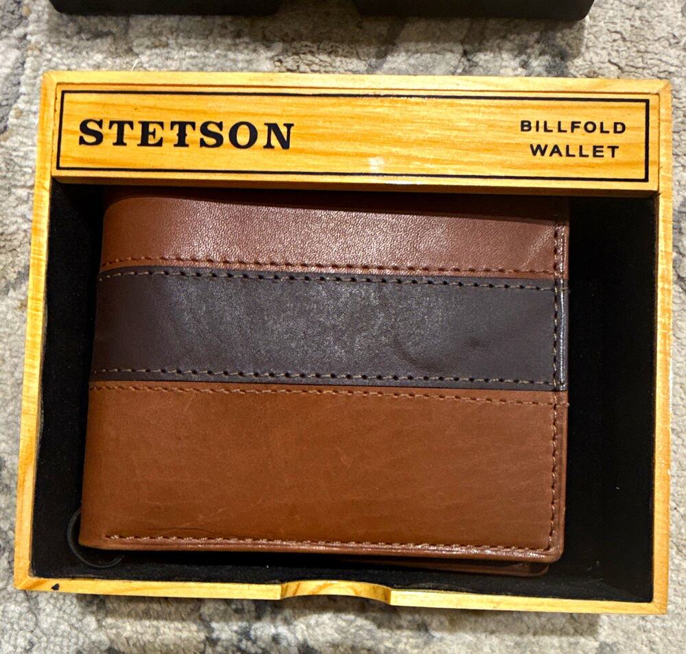 Stetson Men’s Brown Leather Bifold Wallet w/ Logo Accents Colorblock